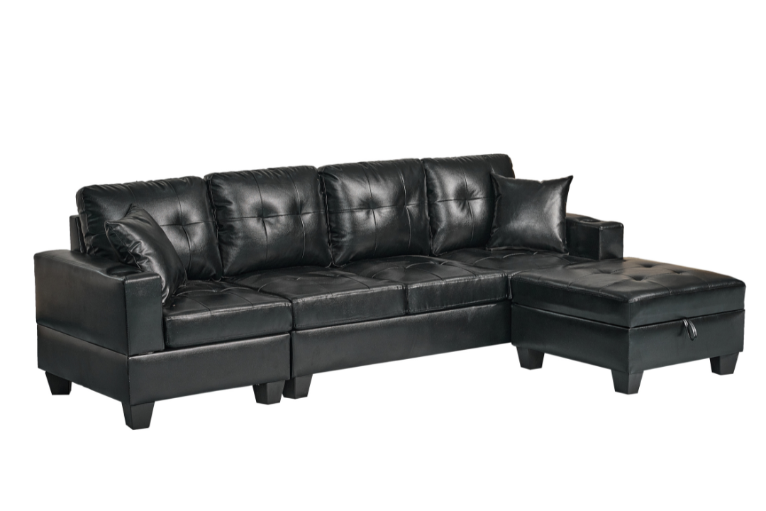 Queens Black PU Leather Sectional Sofa Tufted L-Shape Couch with Storage Chaise - Side View