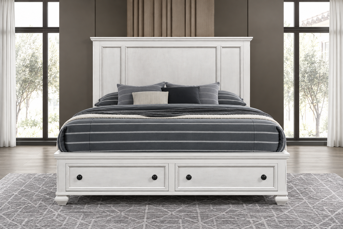 Romeo antique white bedroom set - antique white bed, angled view
