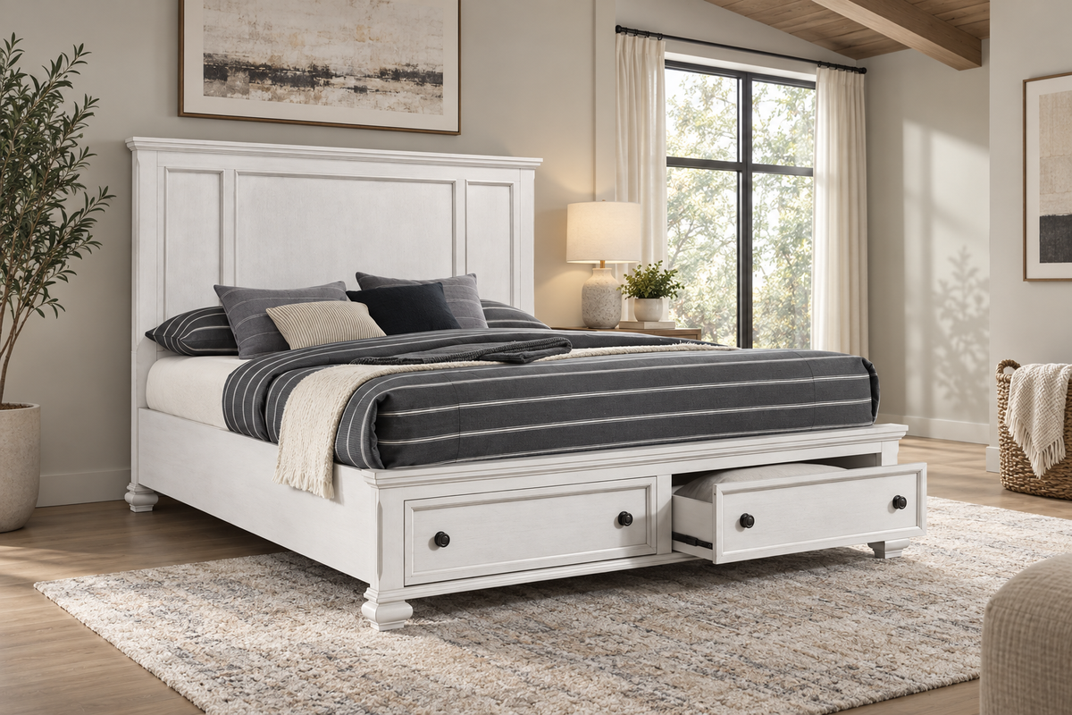 Romeo antique white bed, bedroom setting