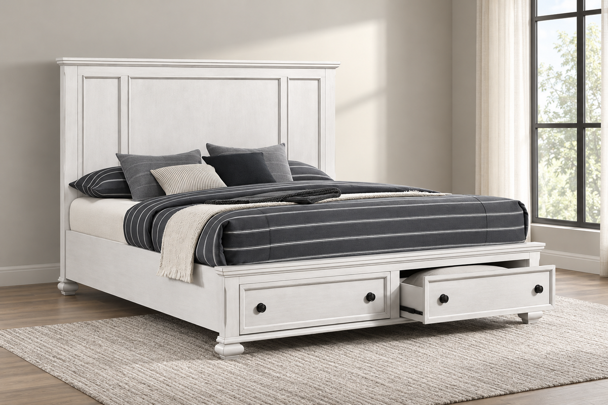 Romeo antique white bed, product photograph