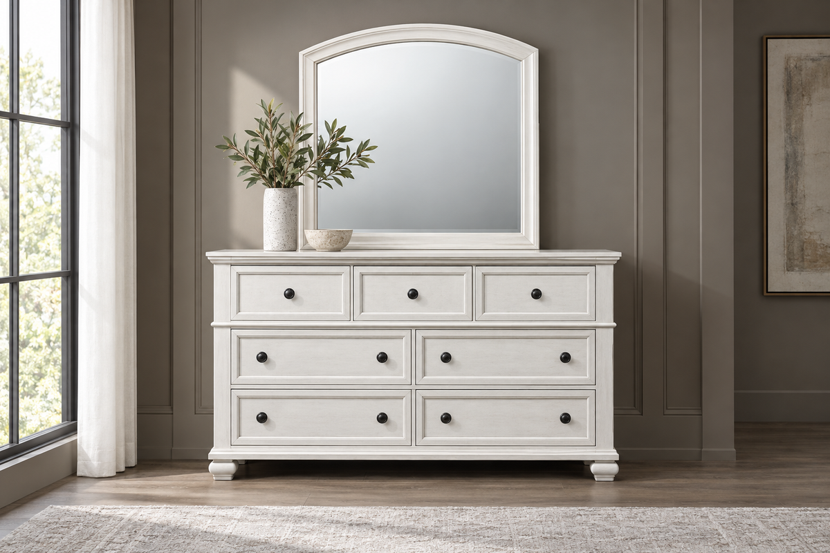 Romeo antique white bedroom set - antique white dresser, angled view
