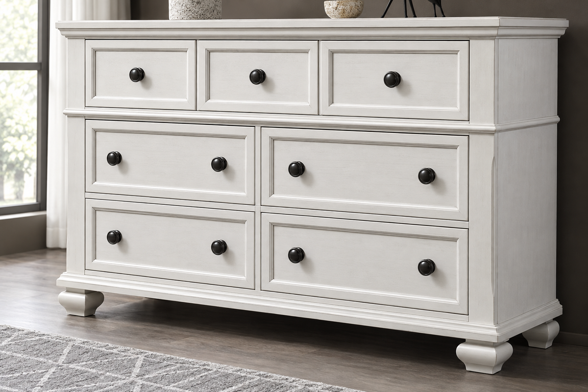 Romeo antique white bedroom set - antique white dresser, close-up detail