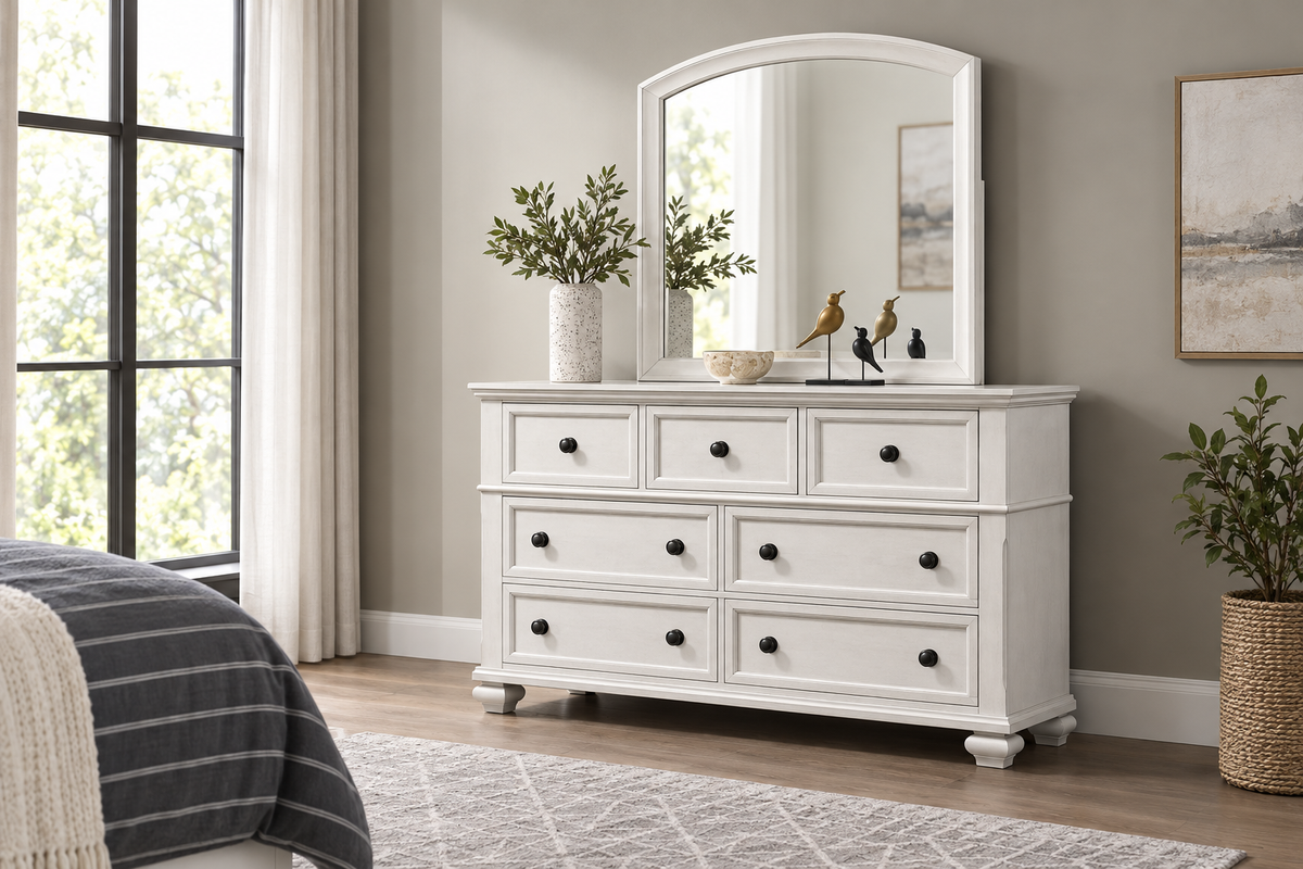 Romeo antique white dresser, bedroom setting