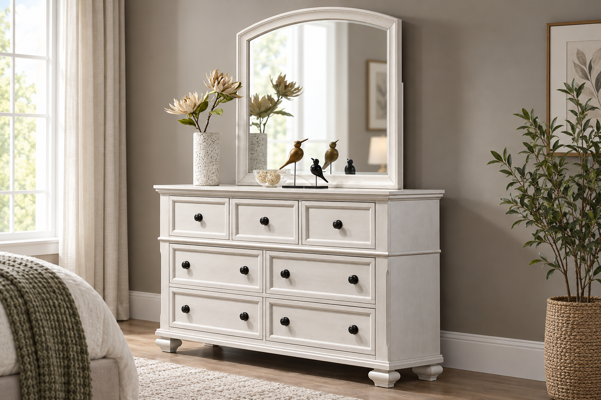 Romeo antique white bedroom set - antique white mirror, bedroom setting 2