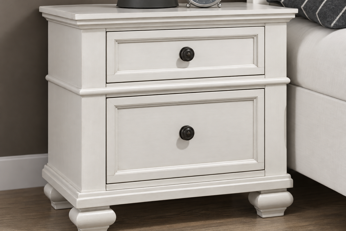 Romeo antique white bedroom set - antique white nightstand, close-up detail