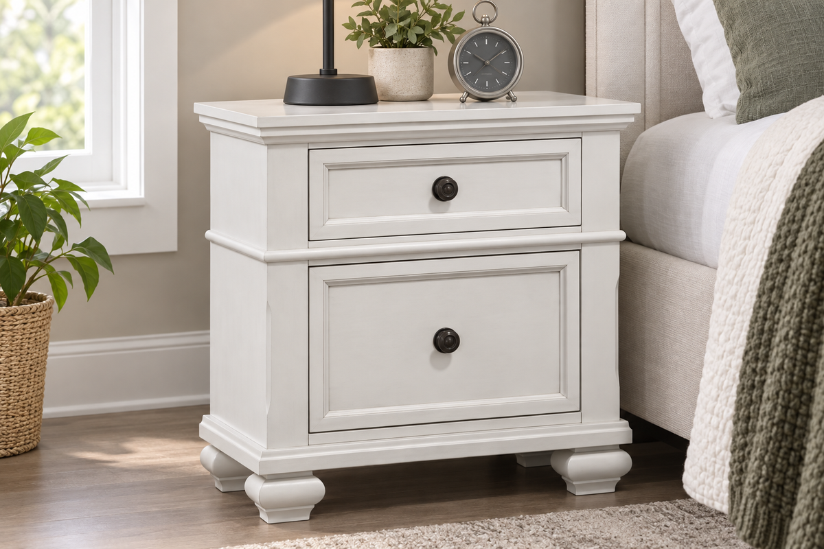 Romeo antique white nightstand, bedroom setting 2