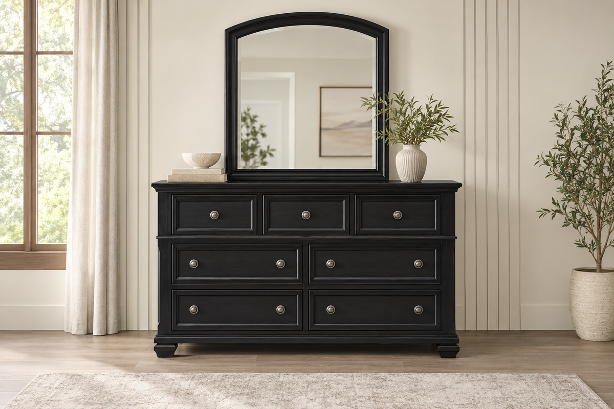 Romeo black dresser, angled view