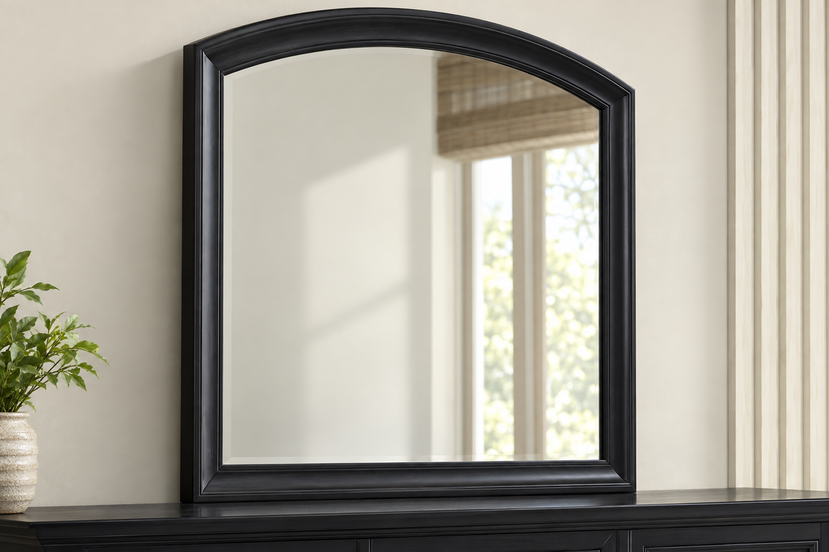 Romeo black bedroom set - black mirror, close-up detail