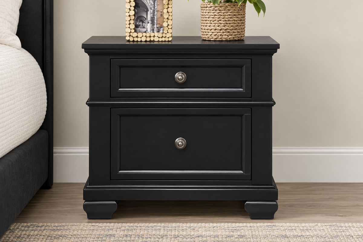 Romeo black nightstand, angled view