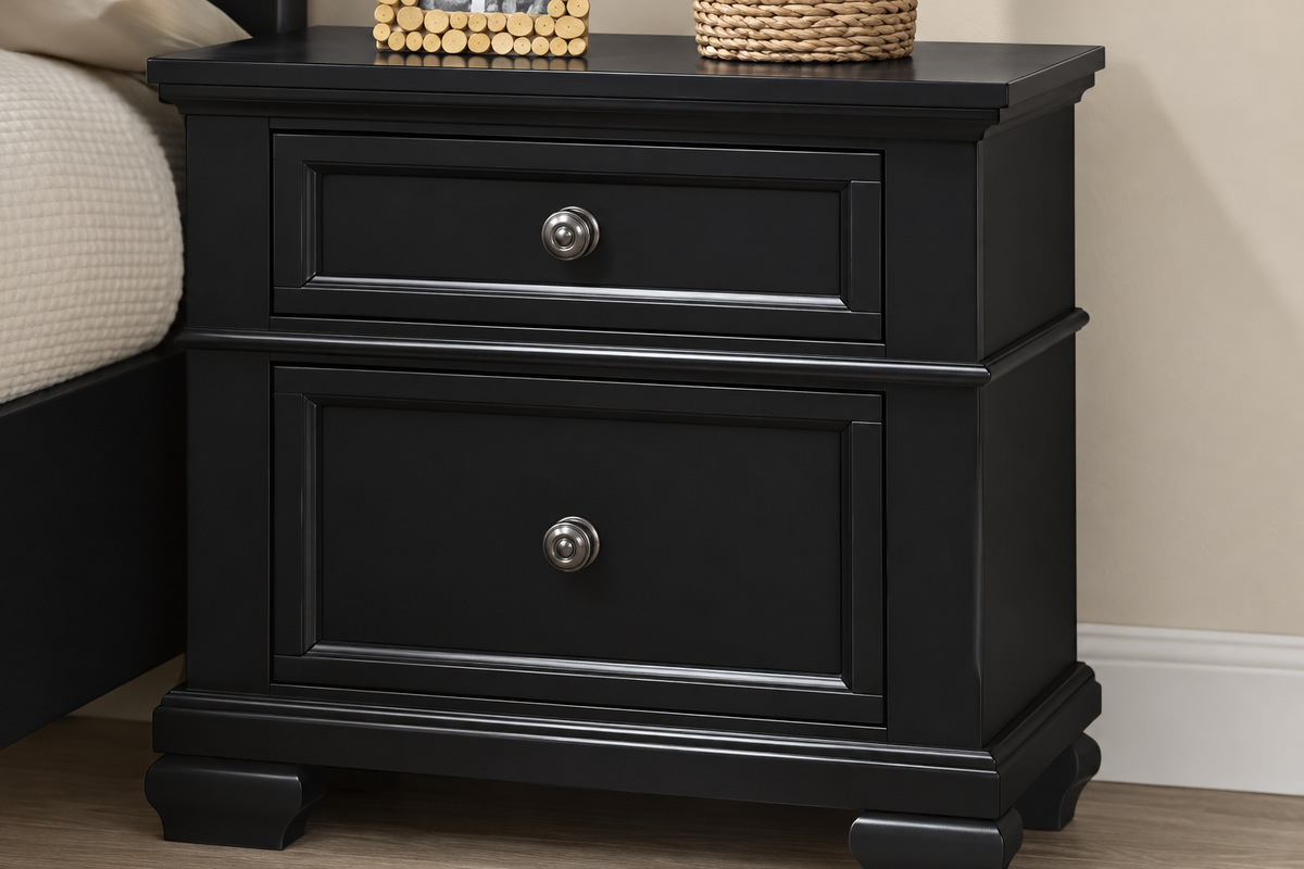 Romeo black bedroom set - black nightstand, close-up detail
