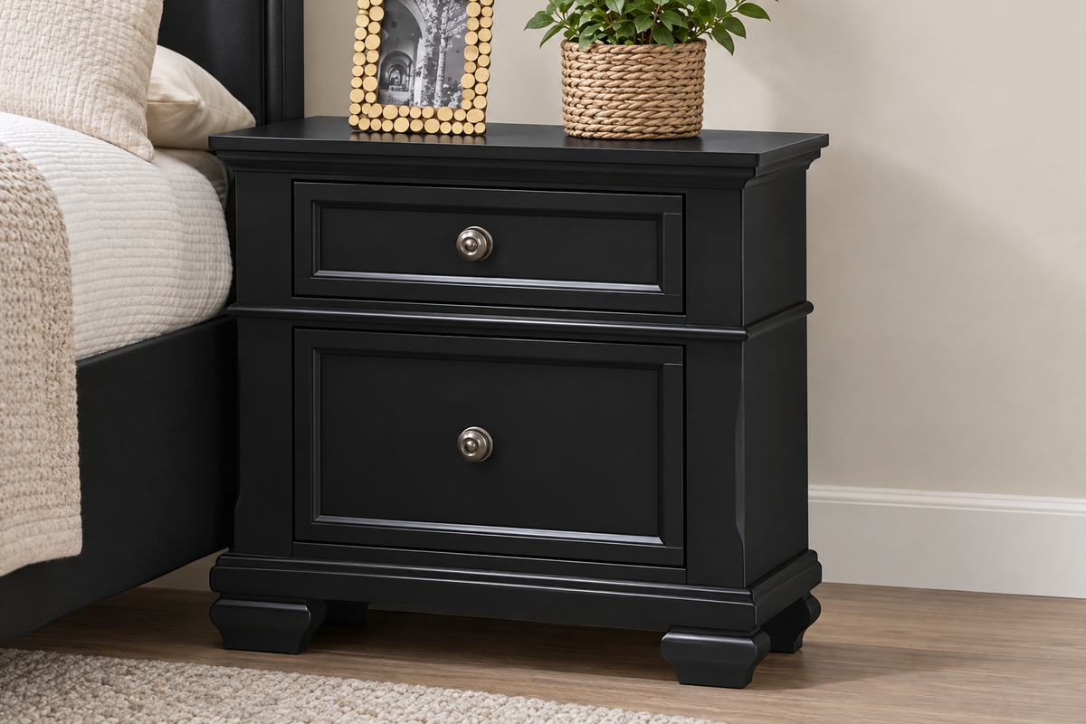 Romeo black nightstand, bedroom setting
