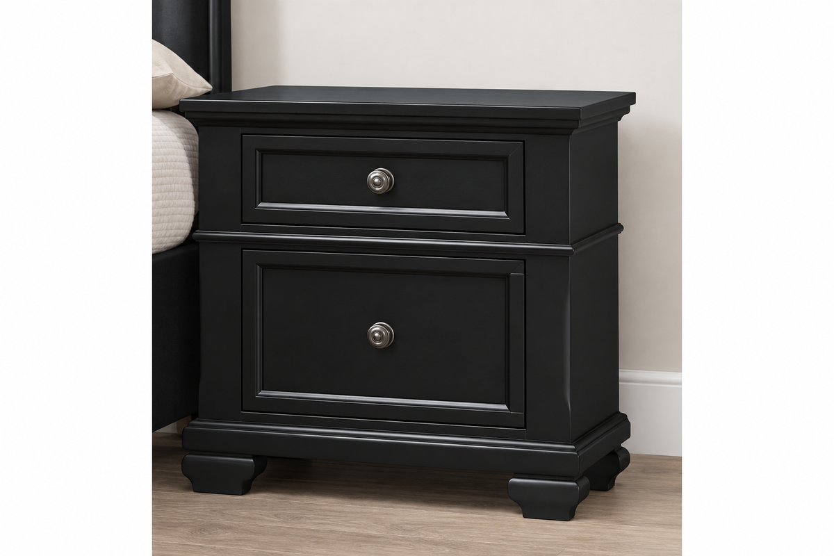 Romeo black bedroom set - black nightstand, product photograph