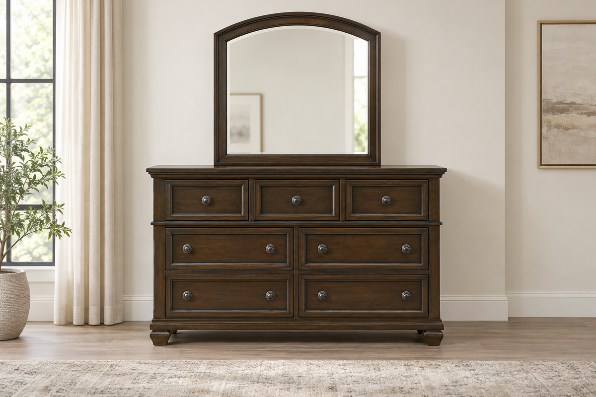 Romeo brown bedroom set - brown dresser, angled view