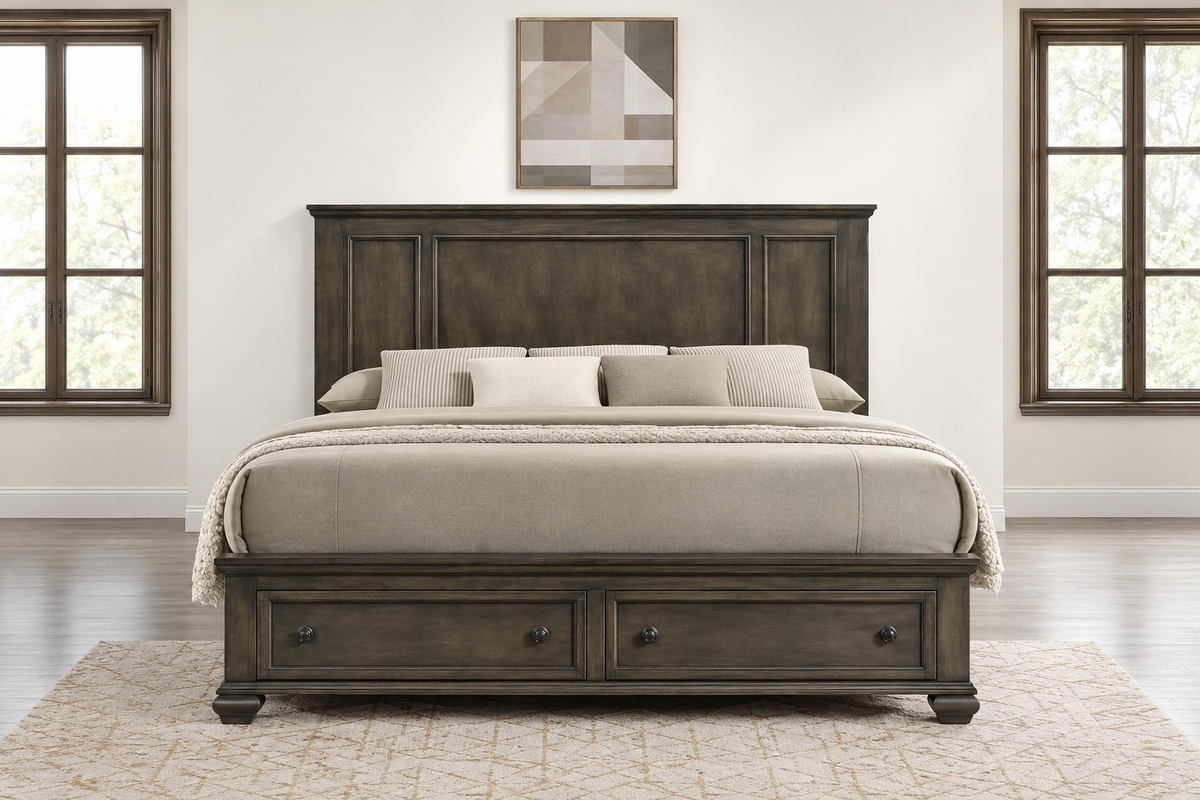 Romeo grey bed, angled view