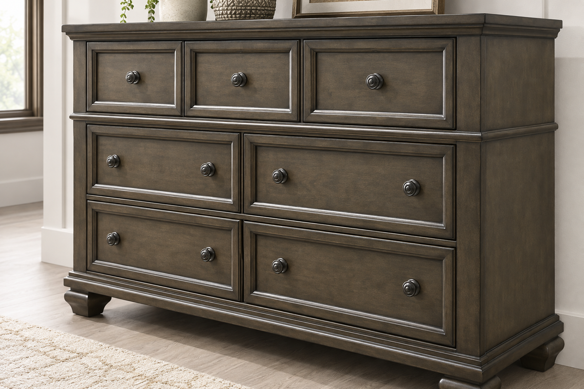 Romeo grey bedroom set - grey dresser, close-up detail