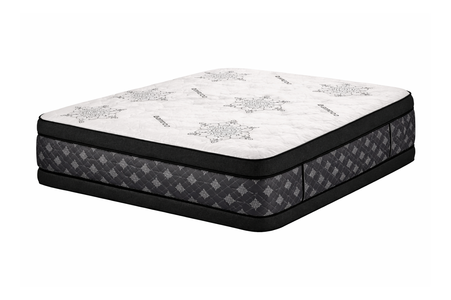 Royal Premium Double Sided pillow top mattress in 3/4 view with quilted white top, black piping, and patterned grey side panels.