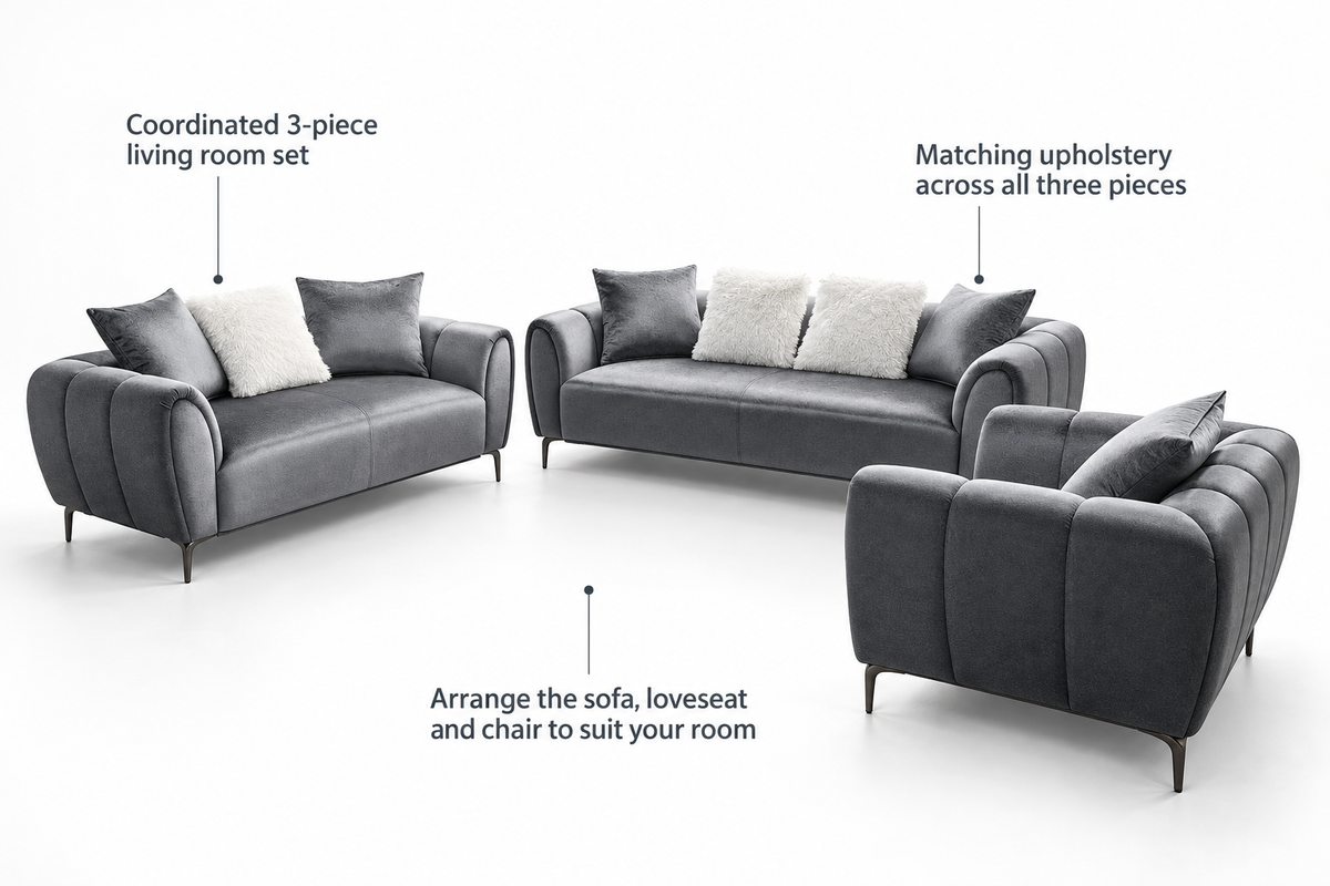 Sam grey 3-piece sofa set feature guide showing coordinated upholstery and the matching sofa, loveseat and chair.