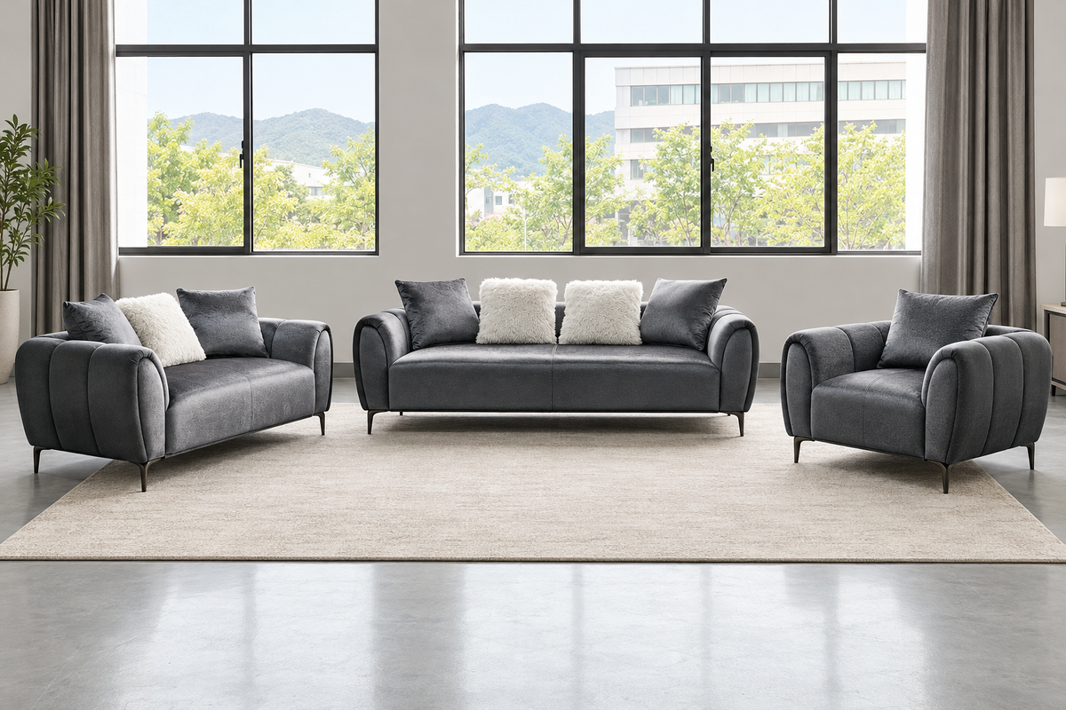 Front view of the Sam grey 3-piece sofa set showing the sofa, loveseat and matching armchair.