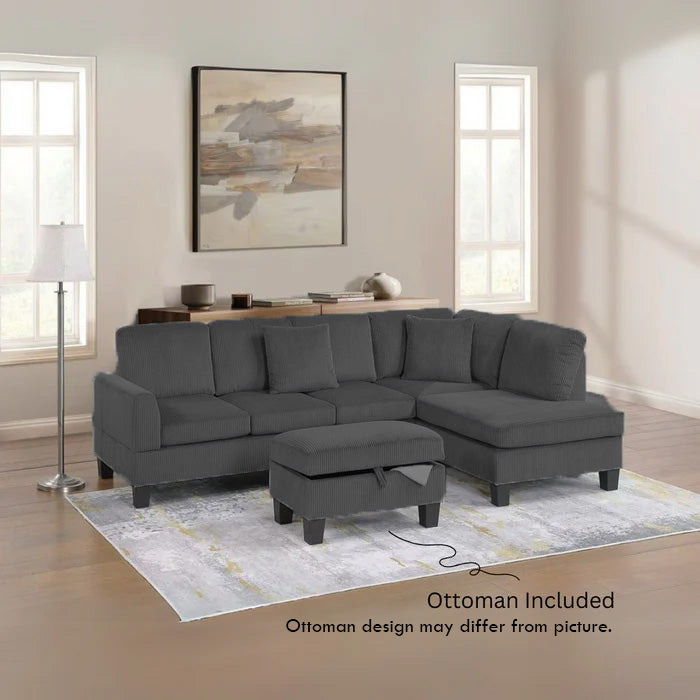 Kennedy Sectional, Grey or Black, Ottoman Included