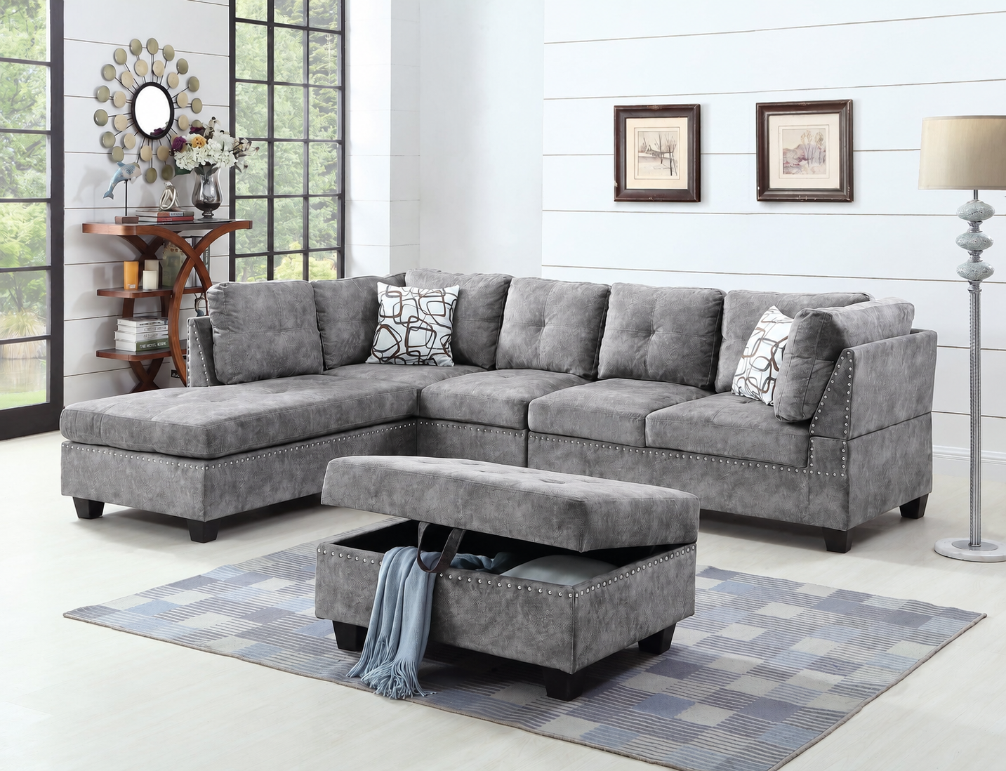 Snow Grey Suede Sectional Sofa with Ottoman (Reversible)