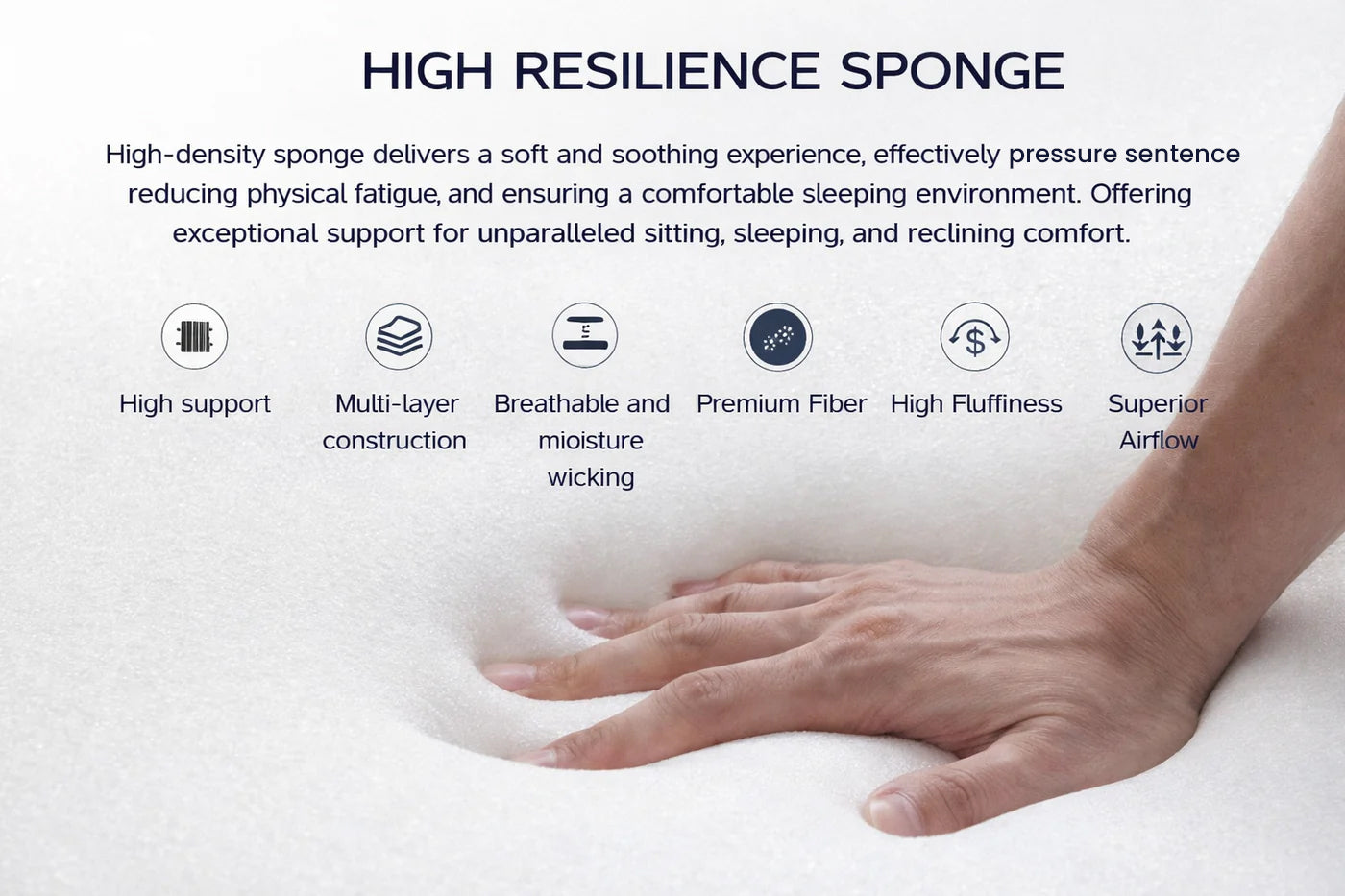 Describing a high-density sponge that provides a soft, soothing, pressure-relieving experience, reduces physical fatigue, and offers exceptional support for sitting, sleeping, and reclining comfort.