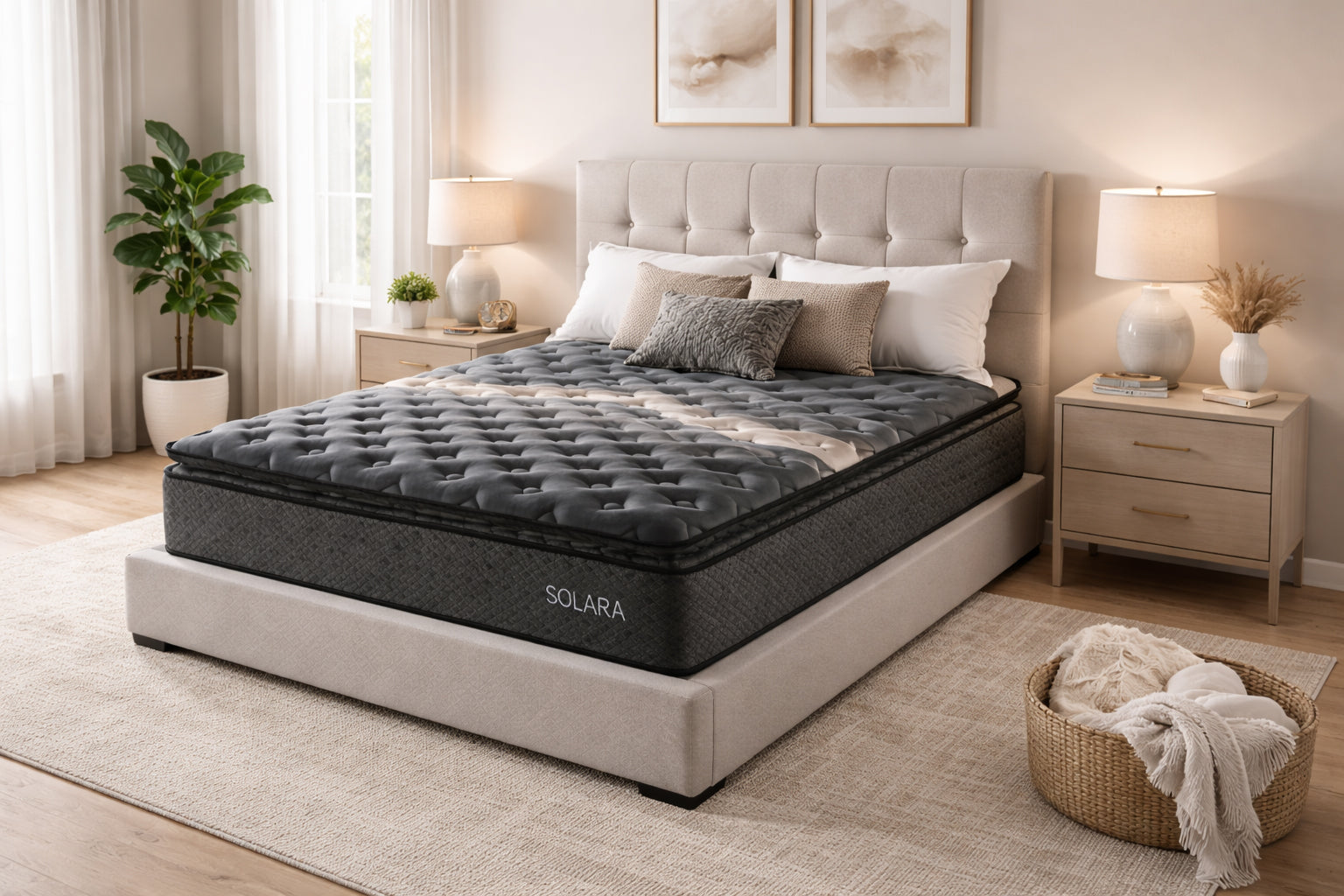 Solara mattress styled in a modern neutral bedroom with upholstered headboard and soft lighting.