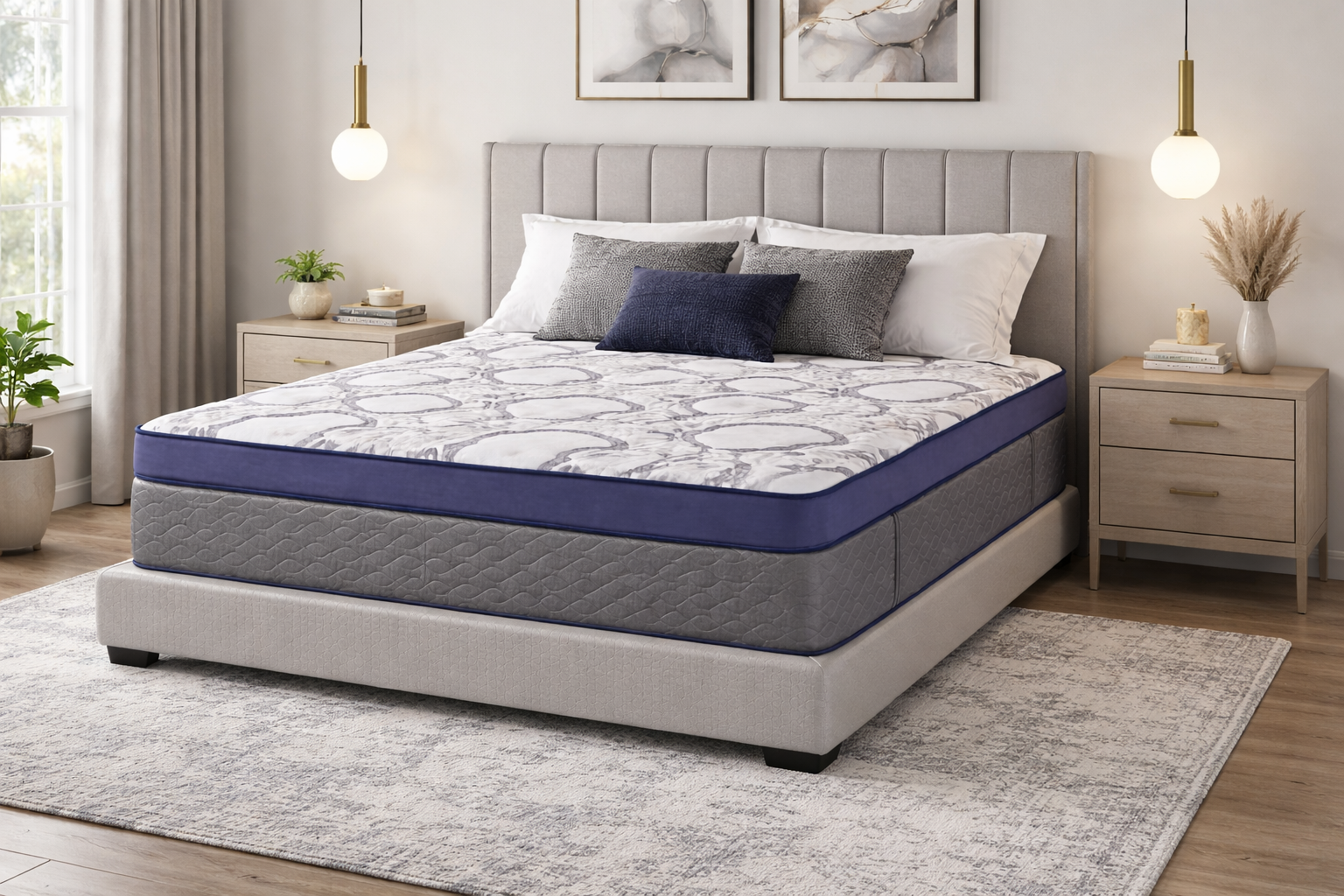Tension Ease Luxury memory foam mattress styled in a modern bedroom with upholstered headboard and soft lighting
