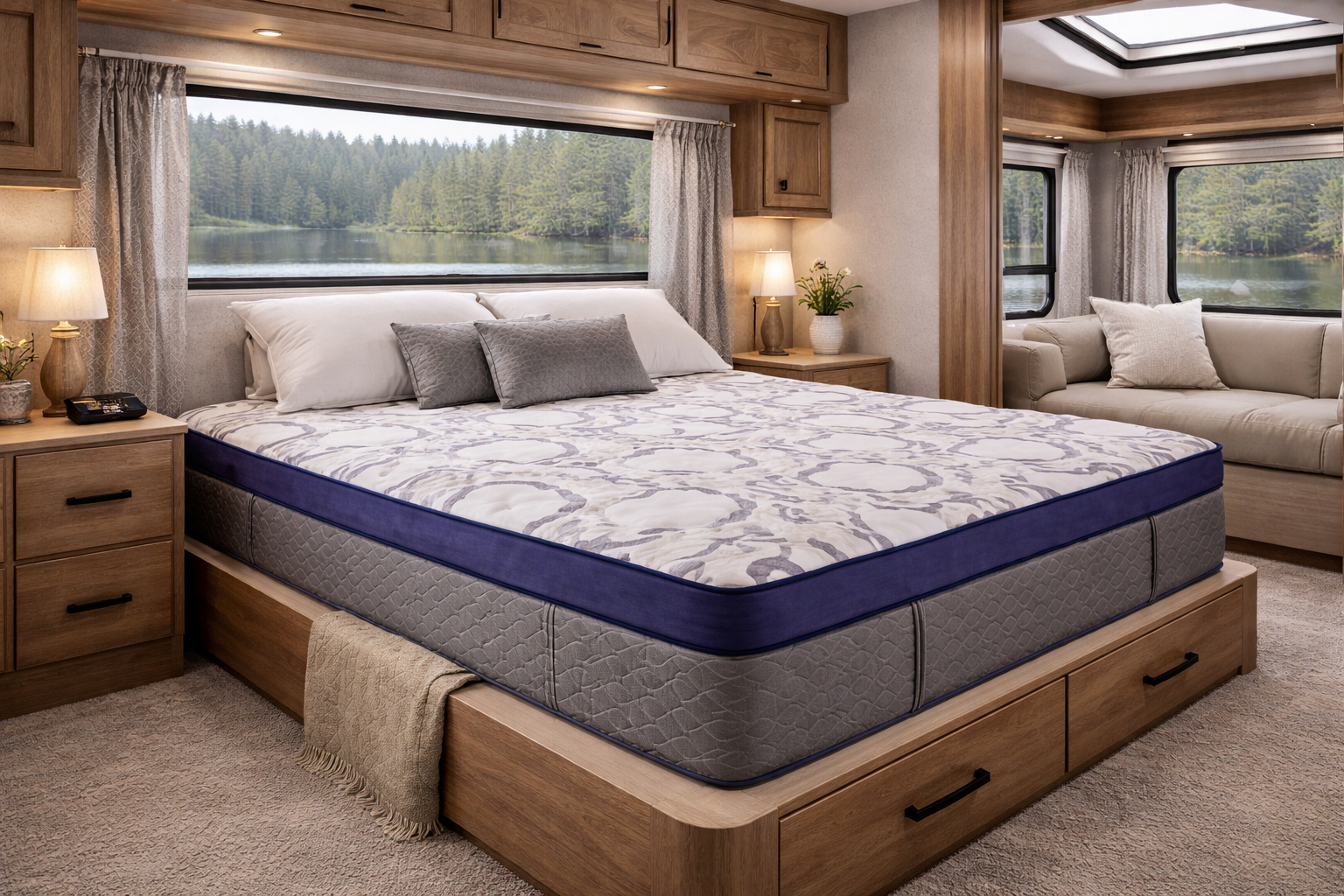 Tension Ease Luxury RV Mattress inside a modern RV camper bedroom with wood cabinetry, storage bed base and large windows