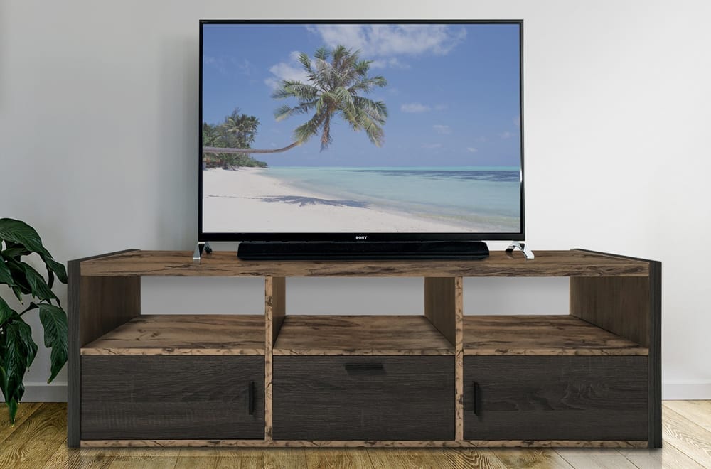 Two-tone rustic wood TV stand with open shelving, dark lower storage panels, and black handles.