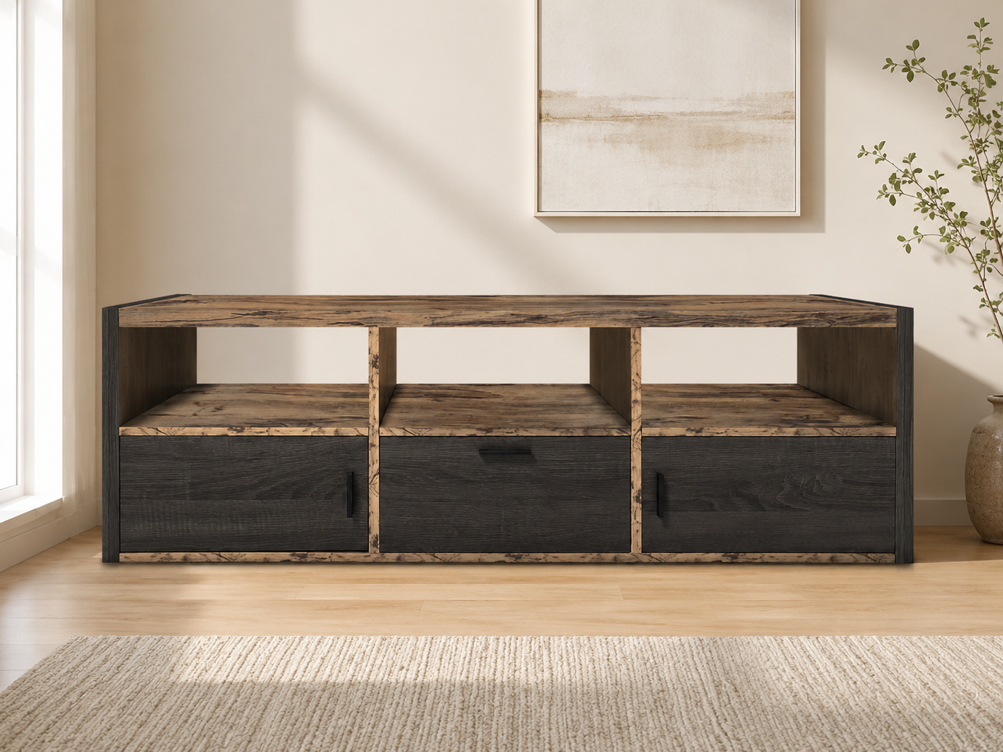 Two-tone rustic wood TV stand with open shelves and dark lower storage drawers.