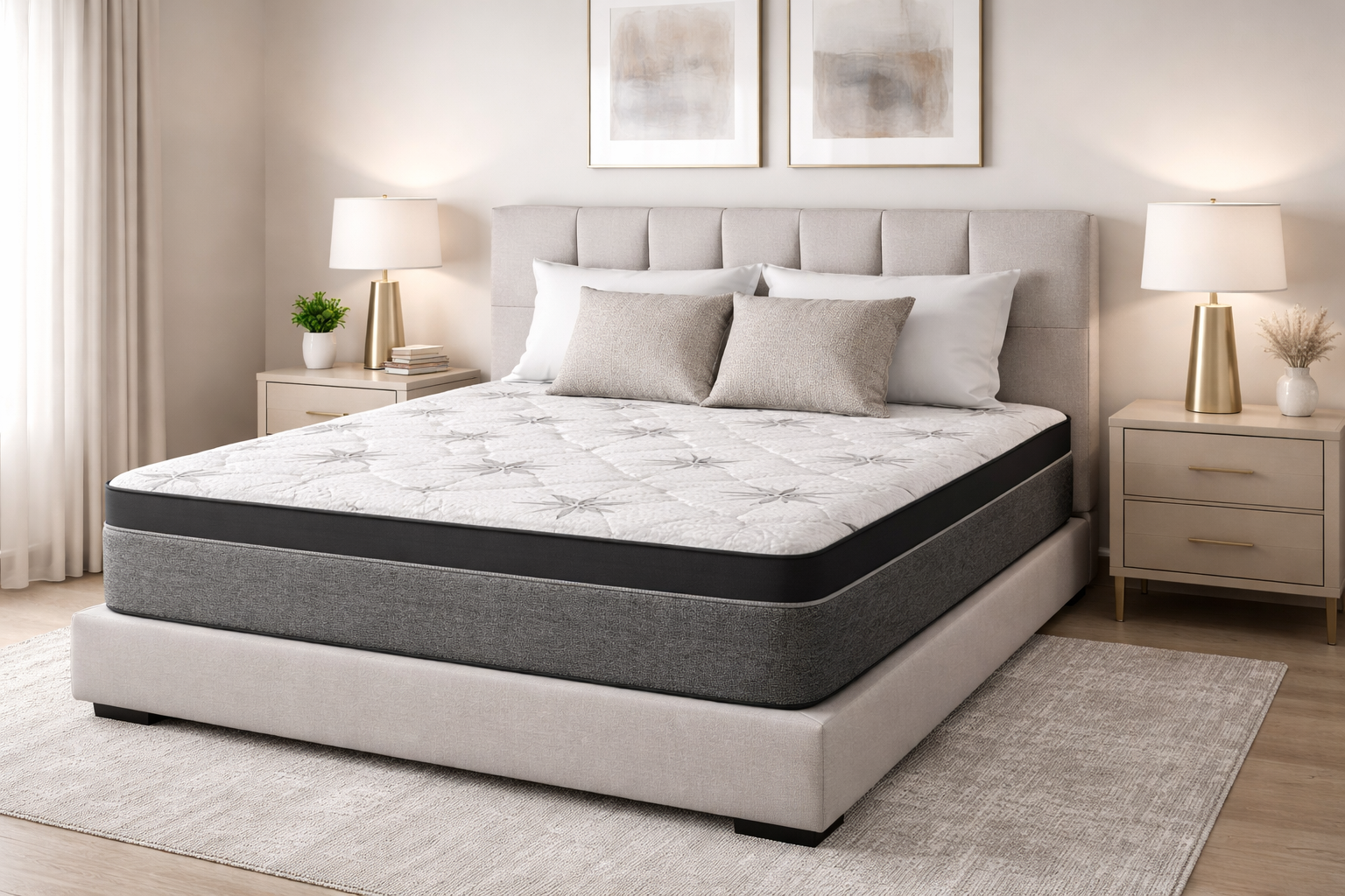 Victoria 12 Inch Mattress on a modern bed in a neutral luxury bedroom