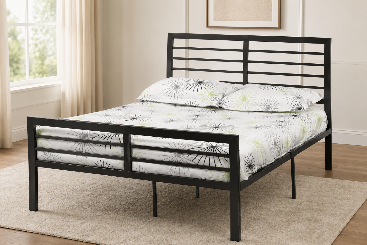 Wesley black metal platform bed frame with horizontal headboard and footboard in a modern neutral bedroom setting.