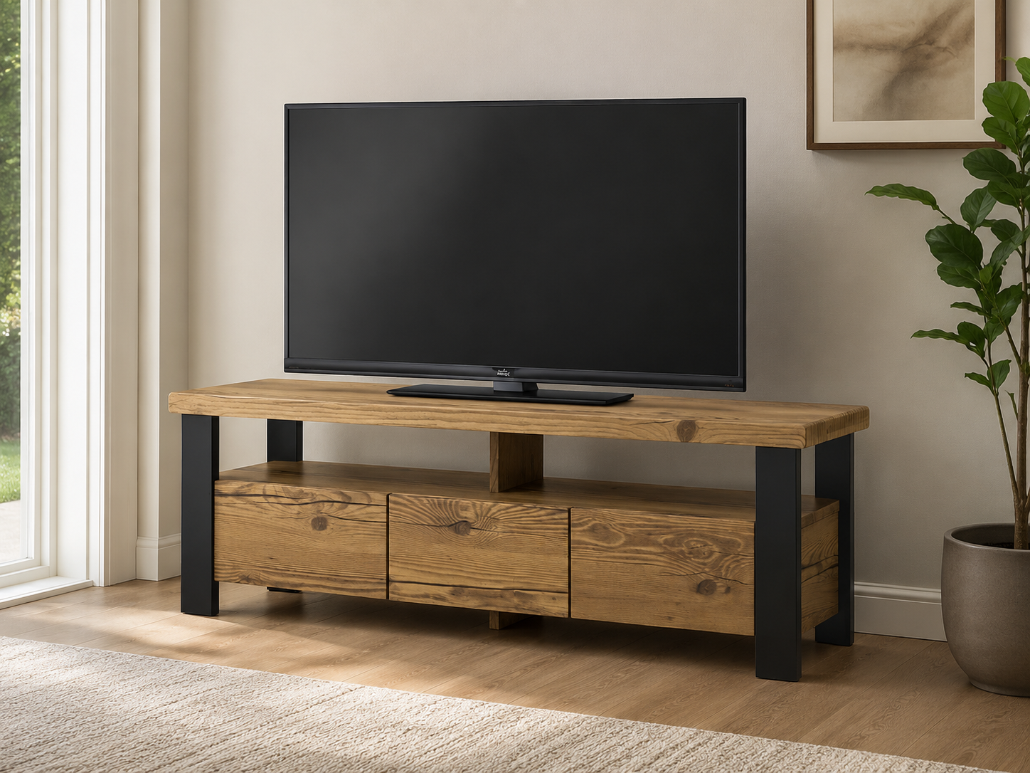 Wood TV stand with black legs, open media shelf, and lower storage compartments.