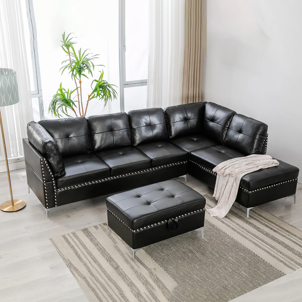 Black leather store sectional with ottoman