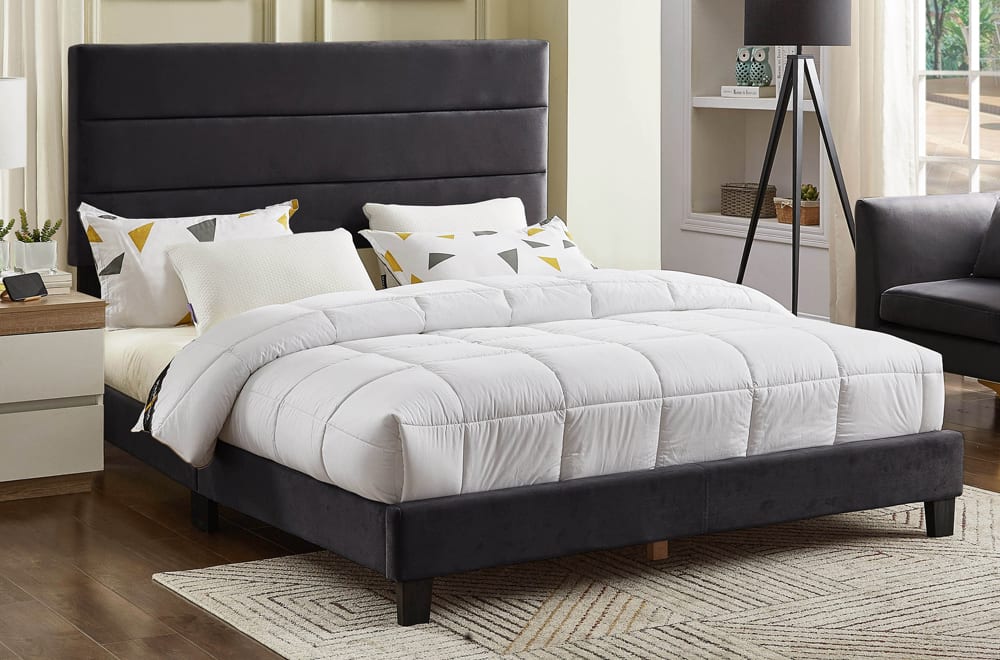 T2119 - Platform bed with Adjustable Headboard, Charcoal or Grey Velvet Fabric