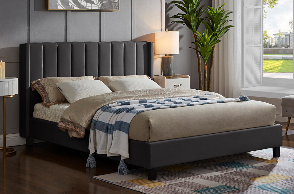 T2190 - Platform Bed with Headboard, Velvet Fabric