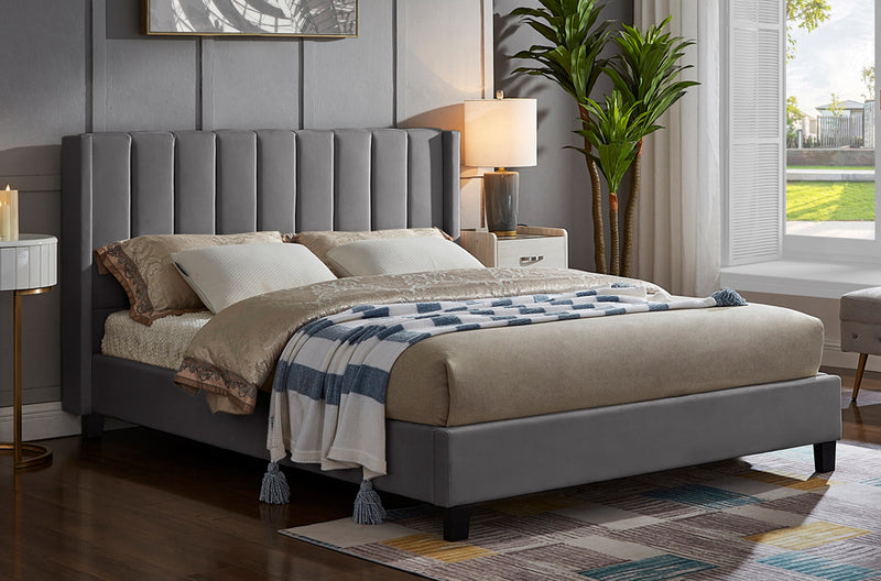 T2190 - Platform Bed with Headboard, Velvet Fabric