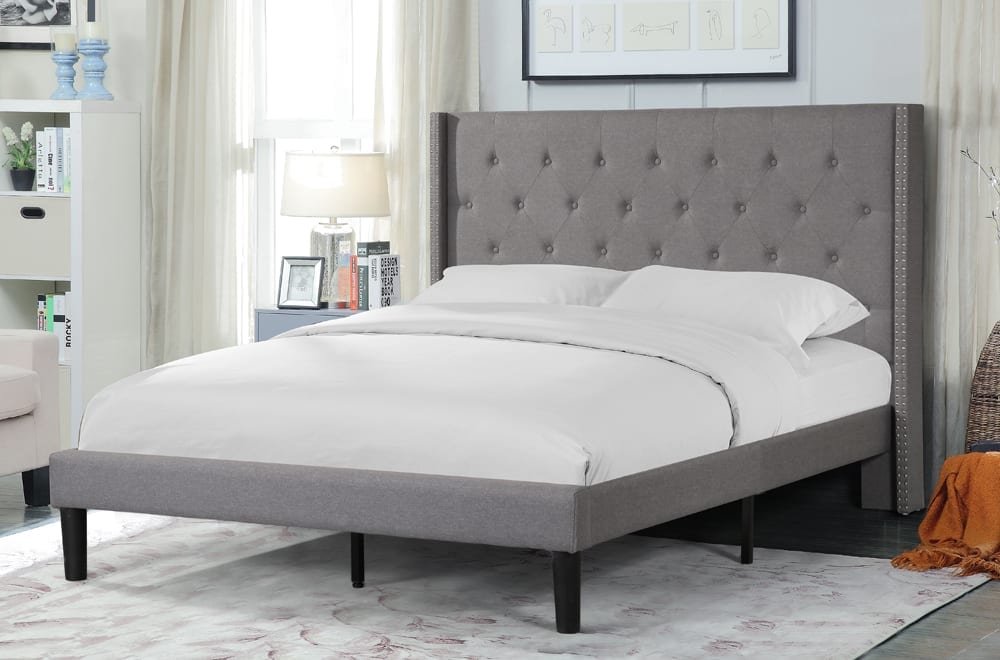 T2352 - Platform Bed with Headboard, Grey or Beige Linen