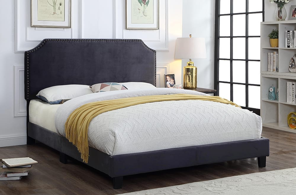 Arielle Dark Grey Velvet Upholstered Bed - Angled view