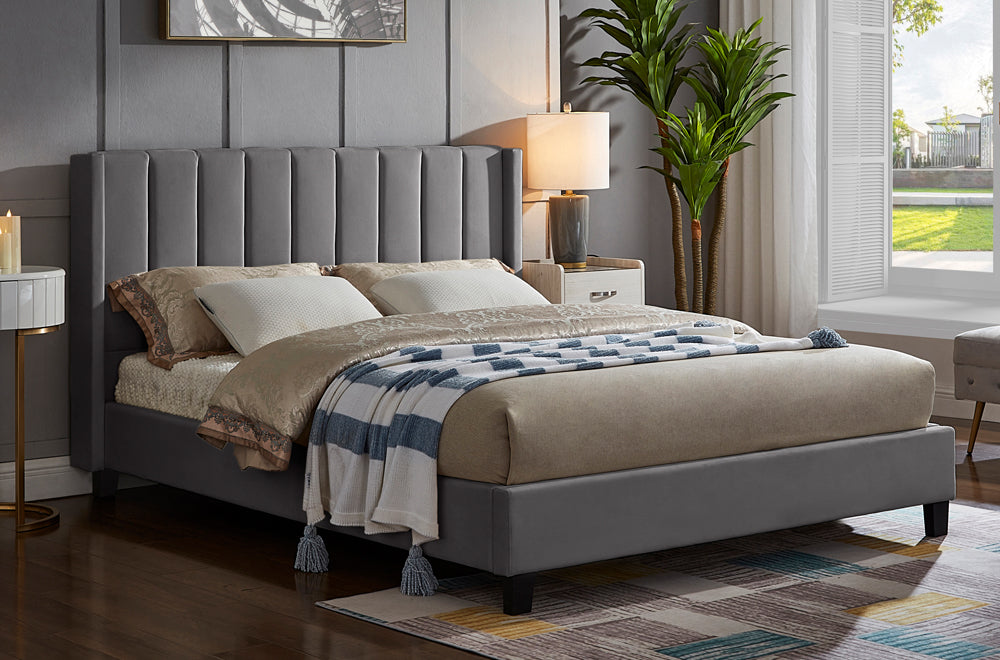 Nolan Velvet Platform Bed Grey - Angled view